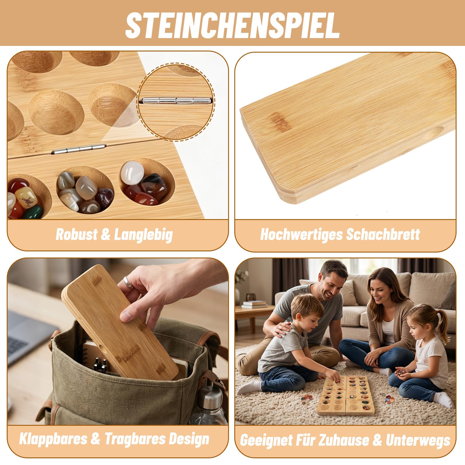 Jeu de pierres Kalaha - Jeu de pierres précieuses pliable en bois avec 65 pierres, double jeu, jeux de puzzle, jeux de stratégie pour voyages, fêtes, activités scolaires, 47 x 14,5 x 4 cm