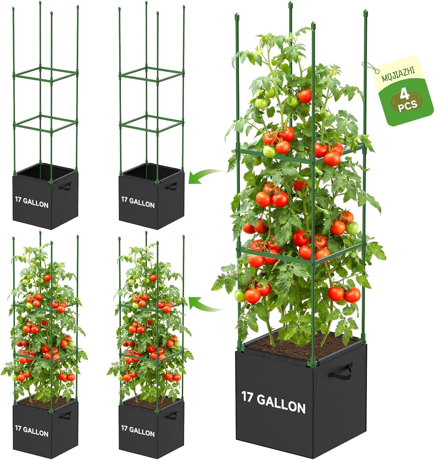 4 Pack Tomato Cages, Square Tomato Trellis with 17 Gallon Grow Bags, Tomato Plant Support Stakes for Garden Climbing Vegetables Flowers Fruits