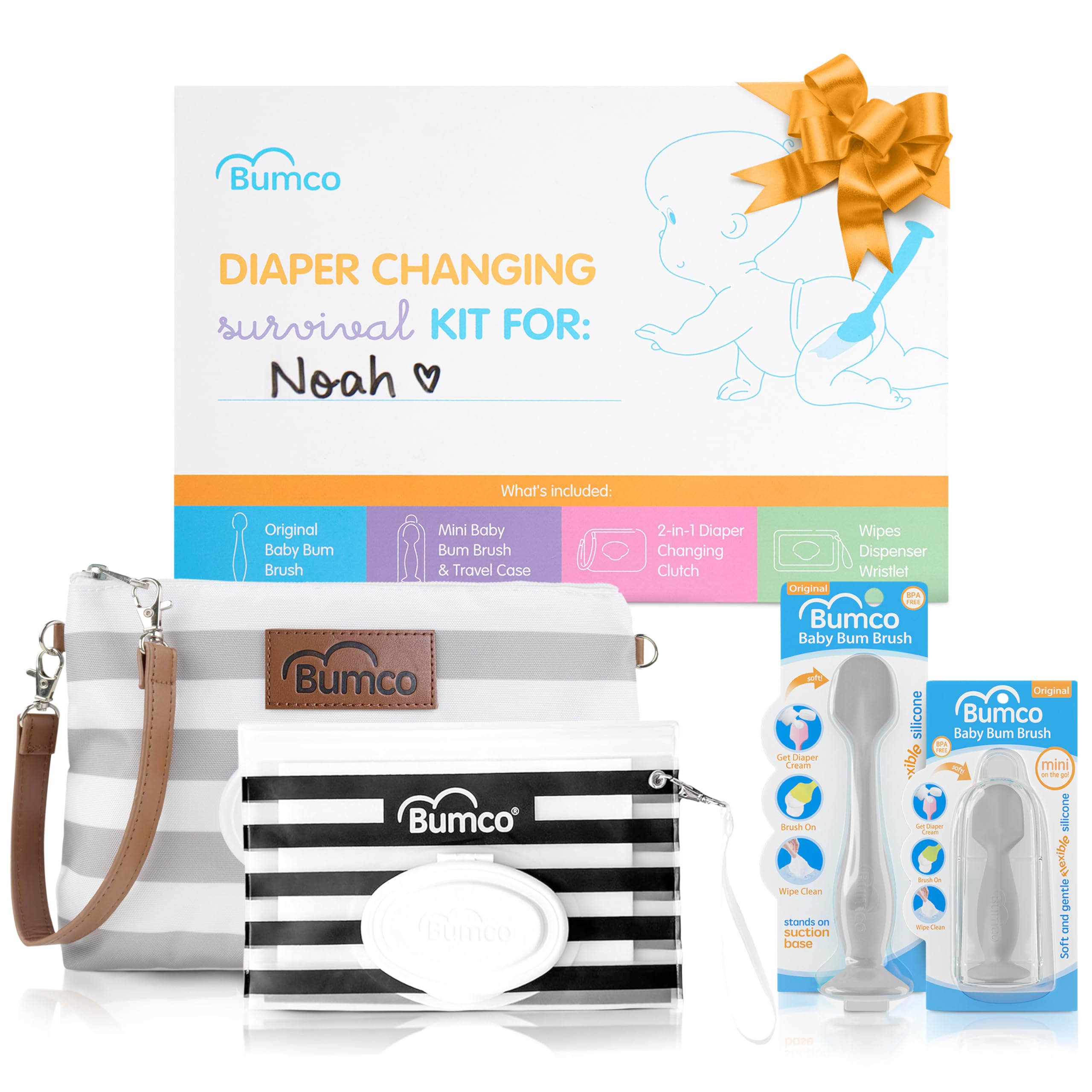 Bumco Cesta de regalo para bebé, juego de regalo personalizado para cambiar pañales para bebé, regalo de bebé neutro con 2 cepillos para bebé (original y mini) + bolsa de mano de pañales + muñequera