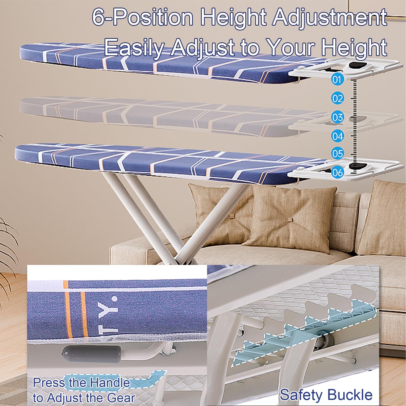 Tabla de Planchar Ajustable de 6 Alturas, Mesa Planchar Plegable con Reposapiés, Soporte para Mangas y Funda de Repuesto(Medium)