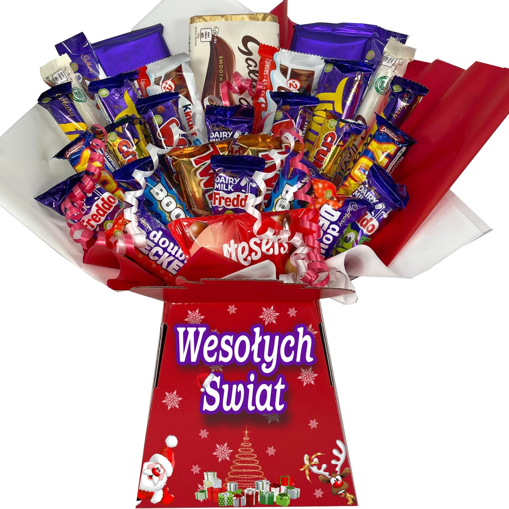 Bukiet/Kosz czekoladowy na Boże Narodzenie – spersonalizowany prezent z życzeniami świątecznymi dla niego lub dla niej (kompatybilny z MEGA MIX)