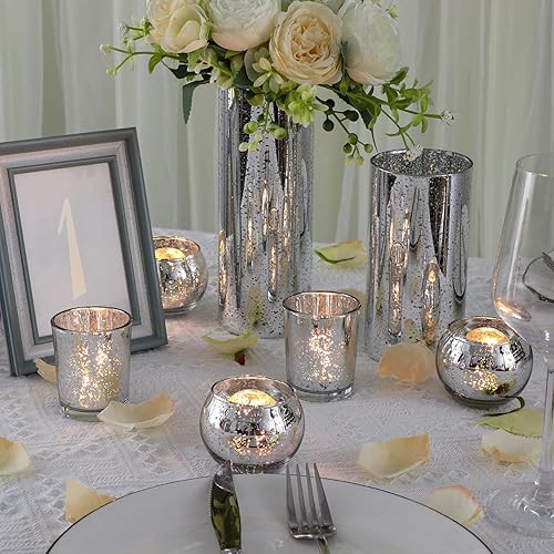 Miniatura 2 de DEVI Portavelas votivas plateadas, 24 unidades, candelabros de cristal de mercurio para centros de mesa, decoración de mesa de boda para fiesta de té