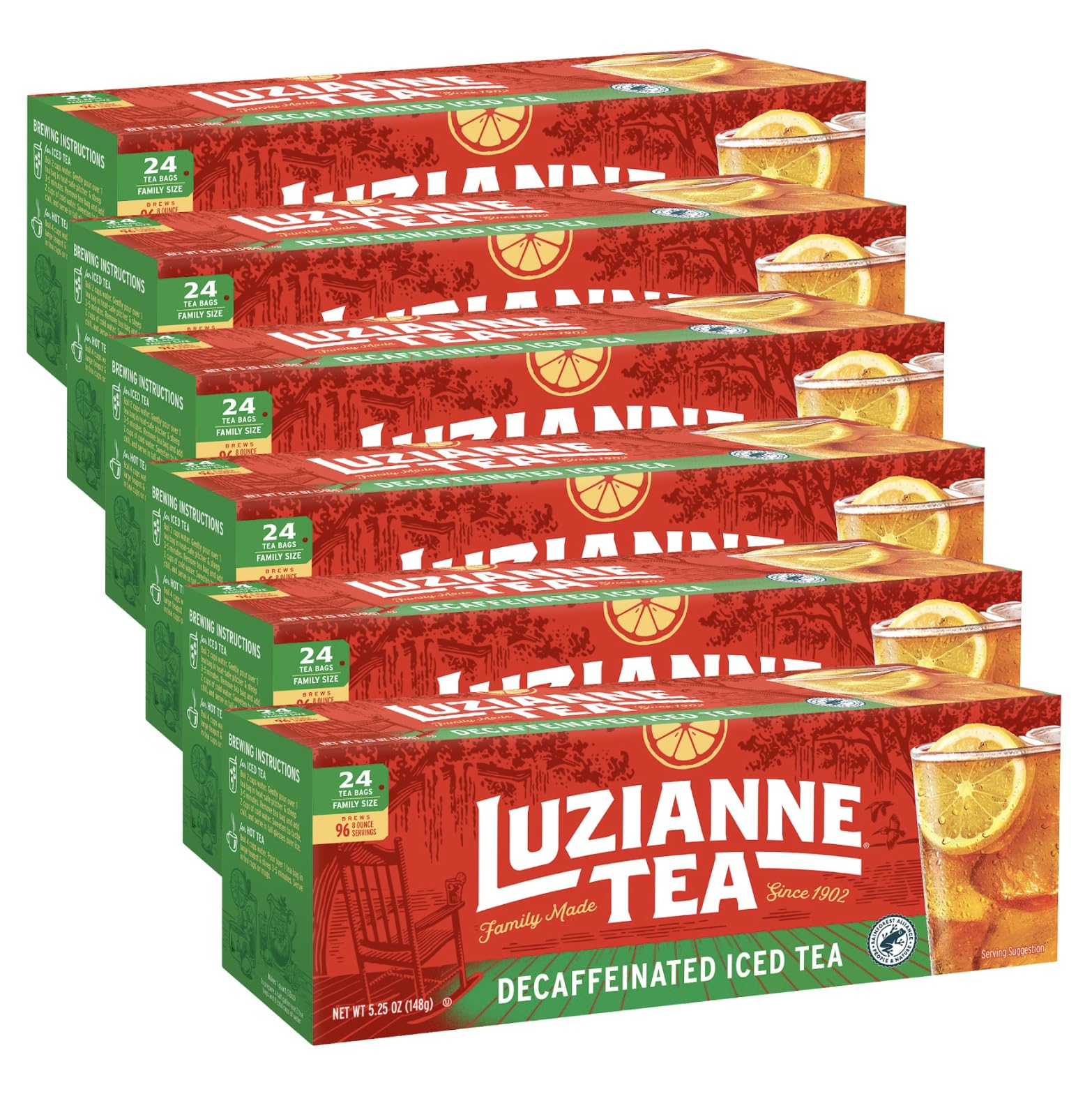 Luzianne Decaffeinated Iced Tea Bags, Family Size, 24ct Box (Pack of 6)Rainforest AllianceRainforest AllianceRainforest AllianceRainforest Alliance