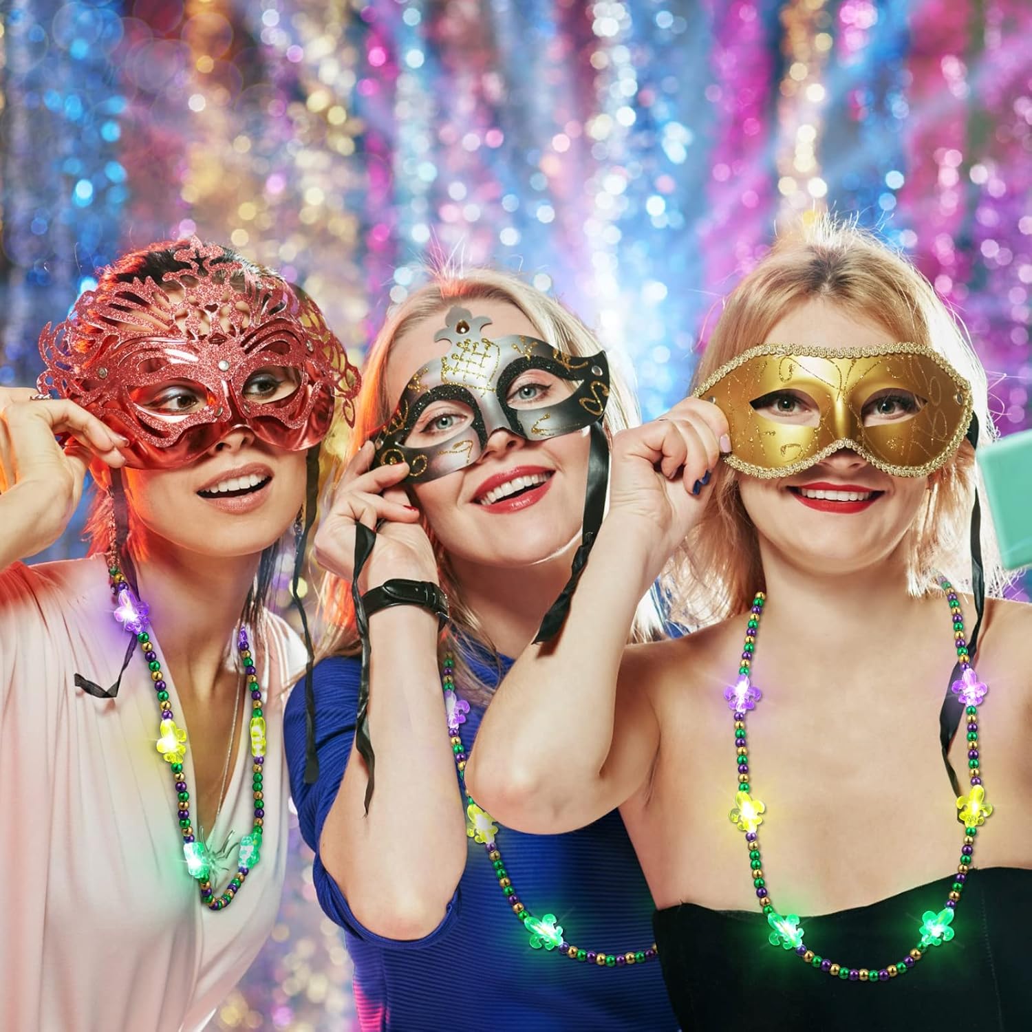 Karenhi LED Mardi Gras Beads Necklace Bulk Green Purple and Yellow Carnival Colorful Light up Bead Necklaces for Mardi Gras Accessories Party Favors