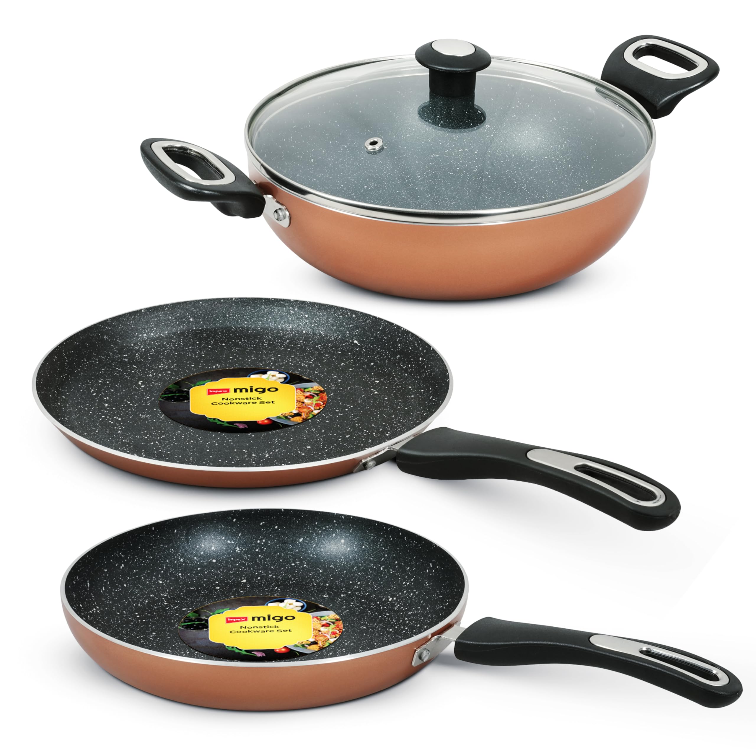 Impex Migo Non Stick Cookware Set 4 pc Induction Cookware Set 3 mm Thickness of Tawa Pan Fry Pan and Kadai Pan with Lid | Granite Finish 5 Layer Aluminium Cookware Set | 1 Year Warranty (B0D2KYJS7B) Amazon Price History, Amazon Price Tracker