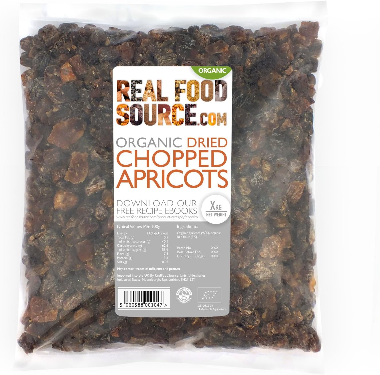 RealFoodSource Organic Dried Chopped Apricots (Unsulphured) 1KG