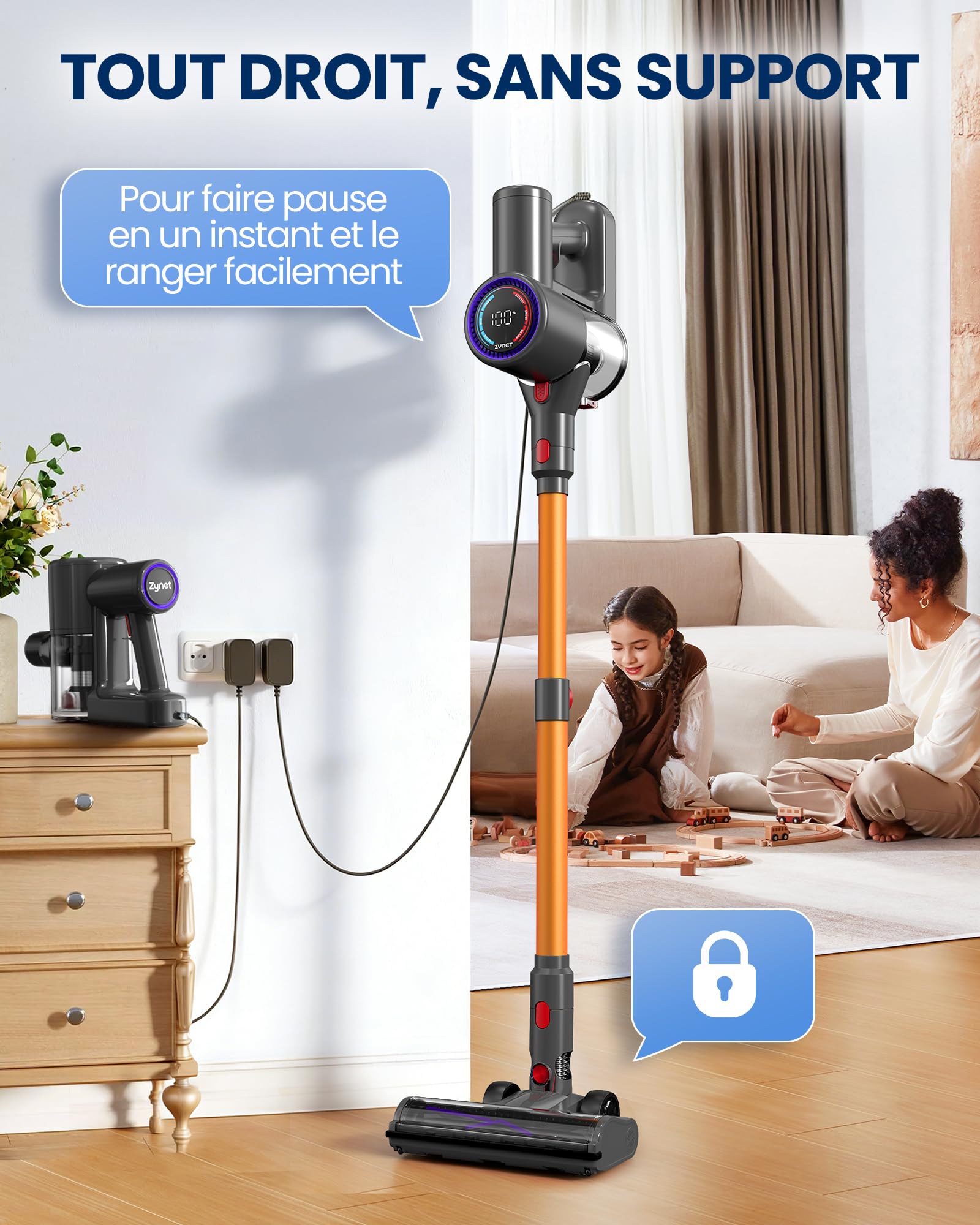 DP2 Aspirateur Balai Sans Fil À Double Batterie, 45KPa/60Min/500W, Affichage LED, Tube Télescopique, Autoportant, Lumière Greeneye, pour Nettoyage Maison, Poils D'animaux, Moquettes et Sols Durs