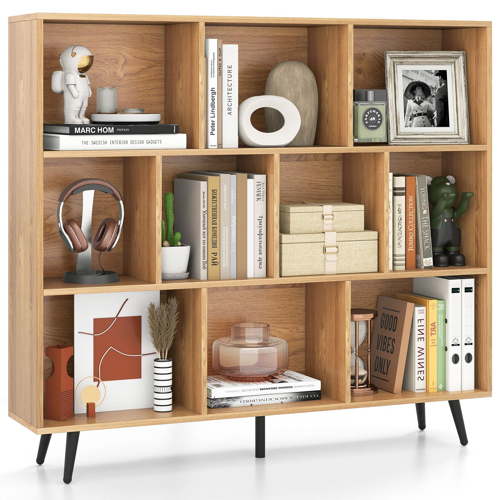 COSTWAY 7/8/10-Cube Bookcase, Modern Bookshelf Storage Rack with 4/5/5 Tapered Metal Legs and 2 Anti-Tip Kit, Freestanding Display Shelving Unit Room Divider (Natural, 120 x 24 x 107 cm) — image 1