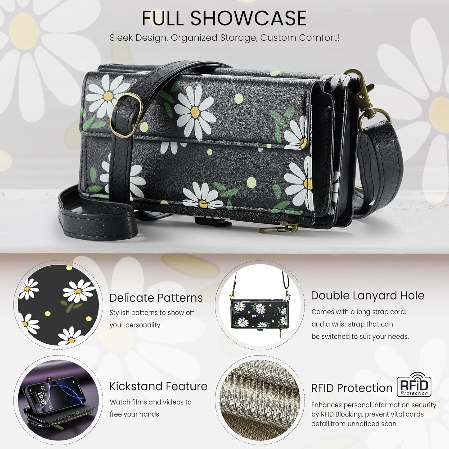 for iPhone 16 Pro Max Case Wallet with RFID Blocking Card Holder Colored Drawing PU Leather Magnetic Snap Flip Zipper Strap Wallet Phone Case Fit for iPhone 16 Pro Max,Daisy - Image 2