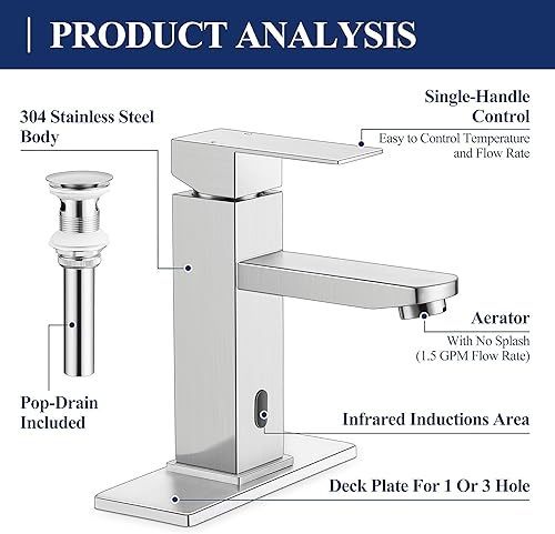 Miniatura 2 de Herogo Grifos de baño sin contacto de acero inoxidable de níquel cepillado con sensor de movimiento automático grifo de baño RV Bar fregadero grifo