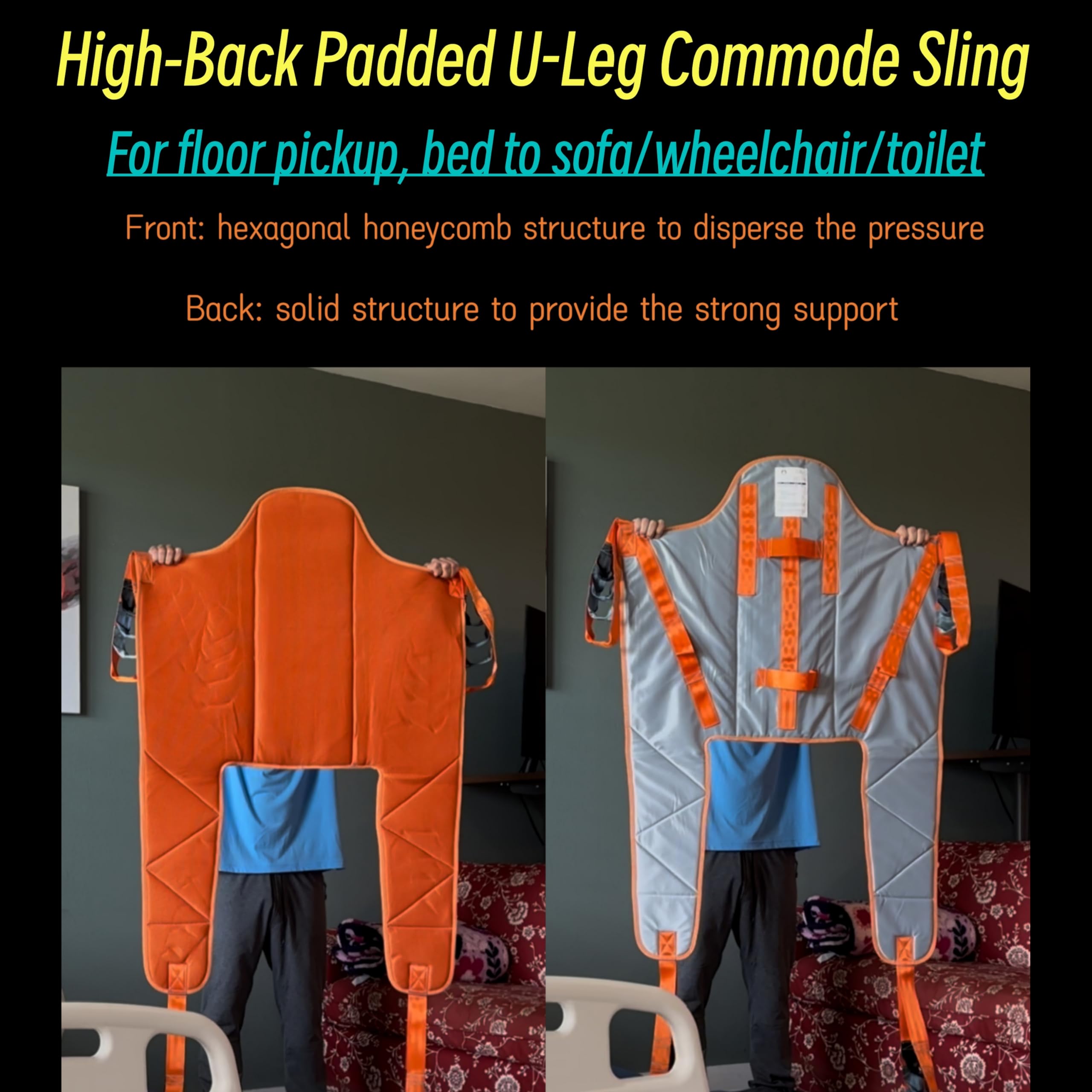 doudouX hoyer lift sling, patient lift sling, toilet/commode/shower sling for hoyer lift with solid high-back, head/neck/back support