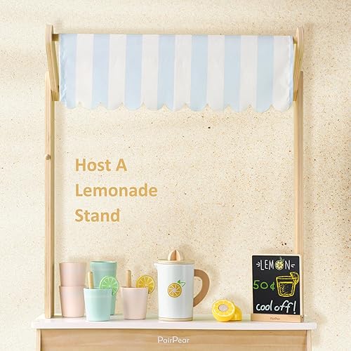 Miniatura 7 de PairPear Juego de soporte de limonada de madera, juego de comida de simulación para niños, juego de soporte de limonada Montessori, juguete de