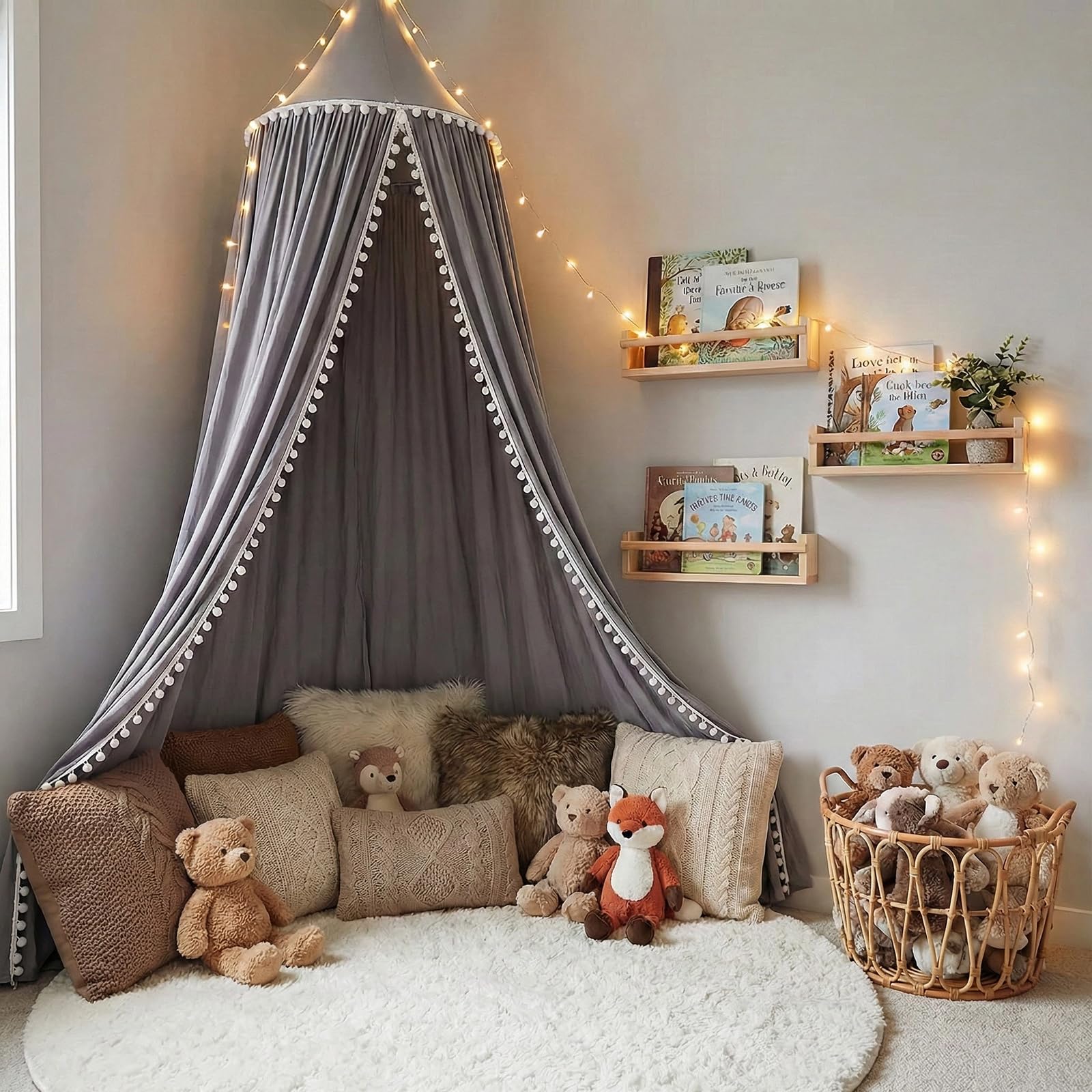 (Gray) - Kids Bed Canopy with Pom Pom Hanging Mosquito Net for Baby Crib Nook Castle Game Tent Nursery Play Room Decor (Grey)
