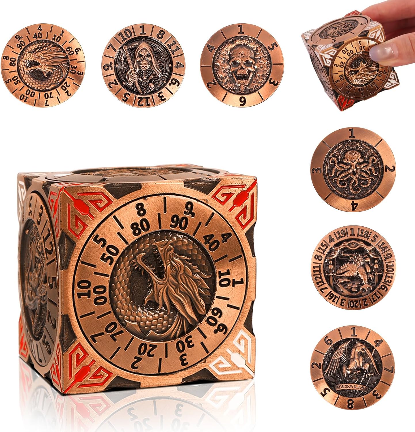 7 in 1 Spinner DND Dice Set, Metal Roulette DND Dice with 3D Relief for Dungeons and Dragons, Premium Unique Dice Spinner for DM & Tabletop Games RPG Players (Ancient Gold)