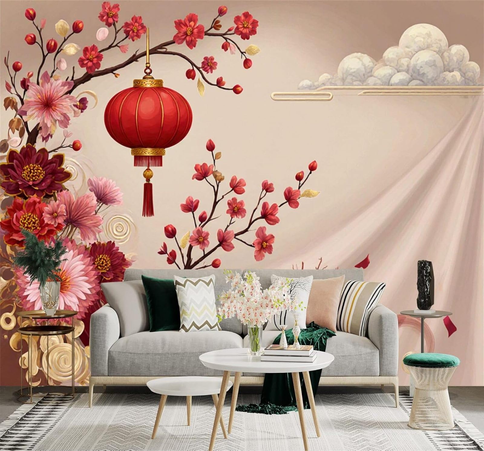 Tzxztt Beautiful Red Lanterns Cherry Blossoms Ribbons Clouds Modern 3D Wallpaper Premium Textured Silk Neutral Tones Material Ideal for Living Room Bedroom-430cm×300cm