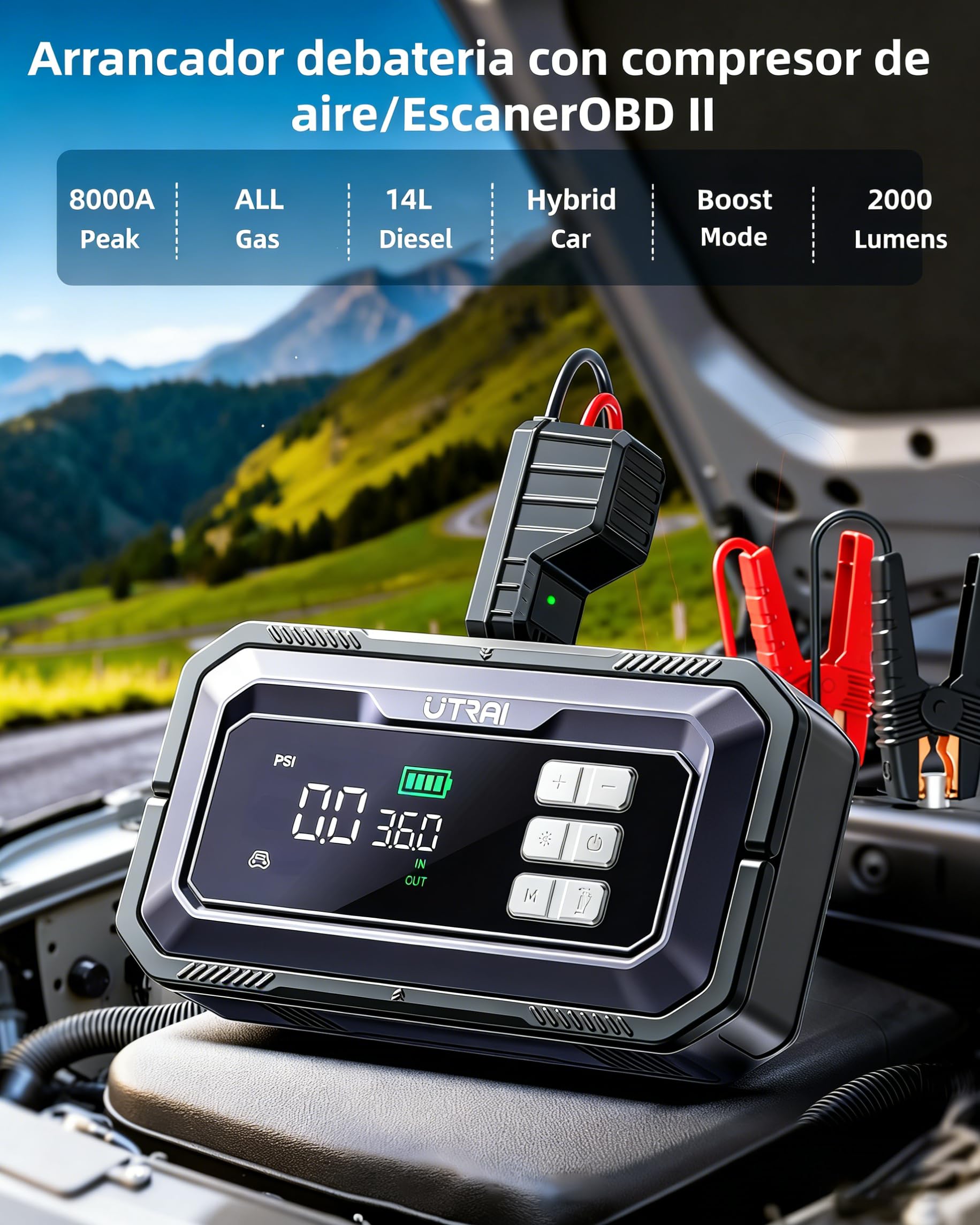8000A Arrancador de Baterias de Coche con Compresor de Air/Escáner OBD II/160W DC out/Luz LED de 2000 lúmenes/18W Carga Rápida(para All Gas/14L Diesel/híbrido) UTRAI Jump Starter