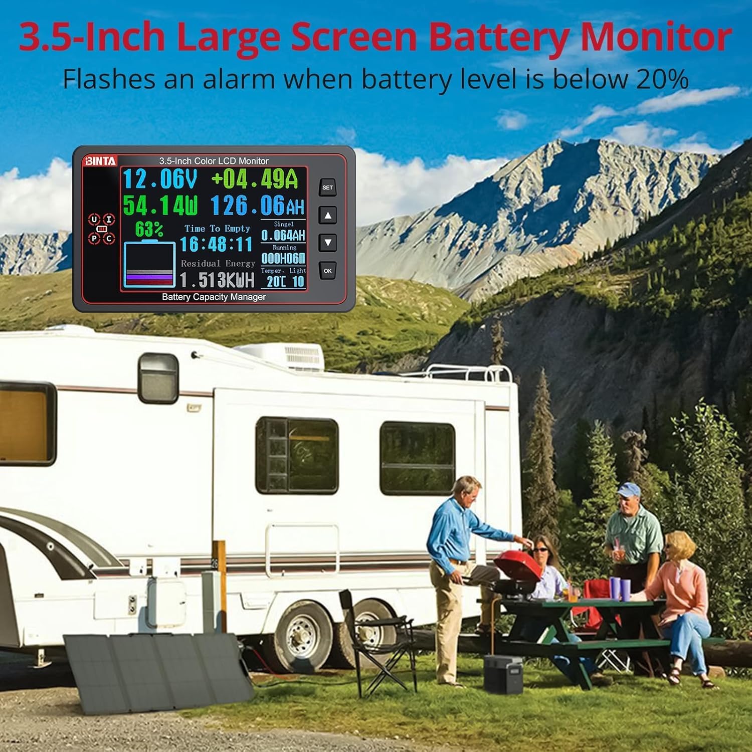 BINTA 500A Battery Monitor with Shunt, 8-100V 3.5 Inch Color Screen for LiFePO4 Lithium Gel Flooded Batteries, High Low Voltage Alarm Backlight with Sliding Cover for Car RV Golf Cart Solar Panel Boat