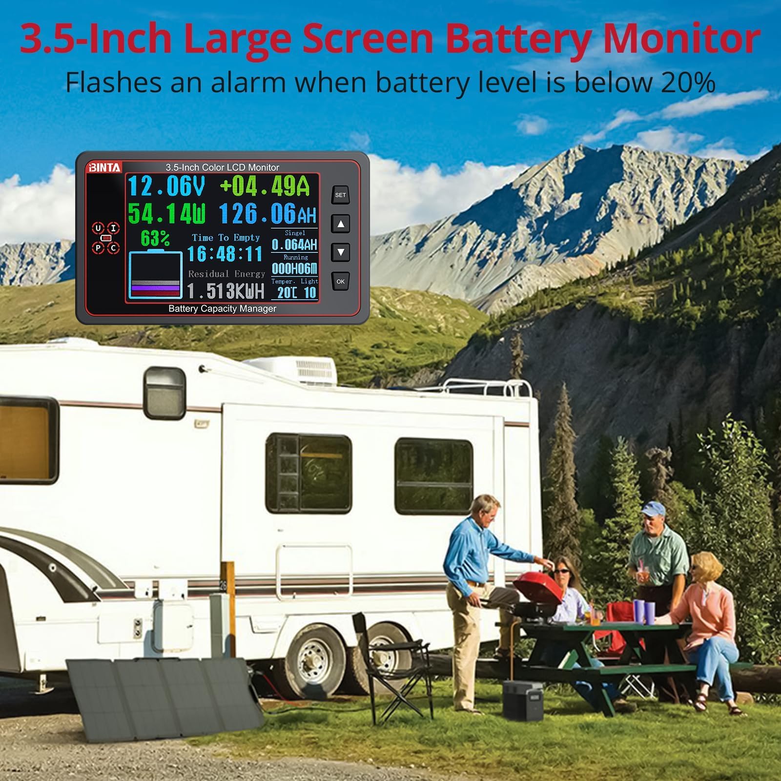 BINTA Monitor batteria 500A con shunt, schermo a colori da 8-100 V da 3,5 pollici per batterie allagate al gel di litio LiFePO4, retroilluminazione di allarme ad alta bassa tensione con copertura