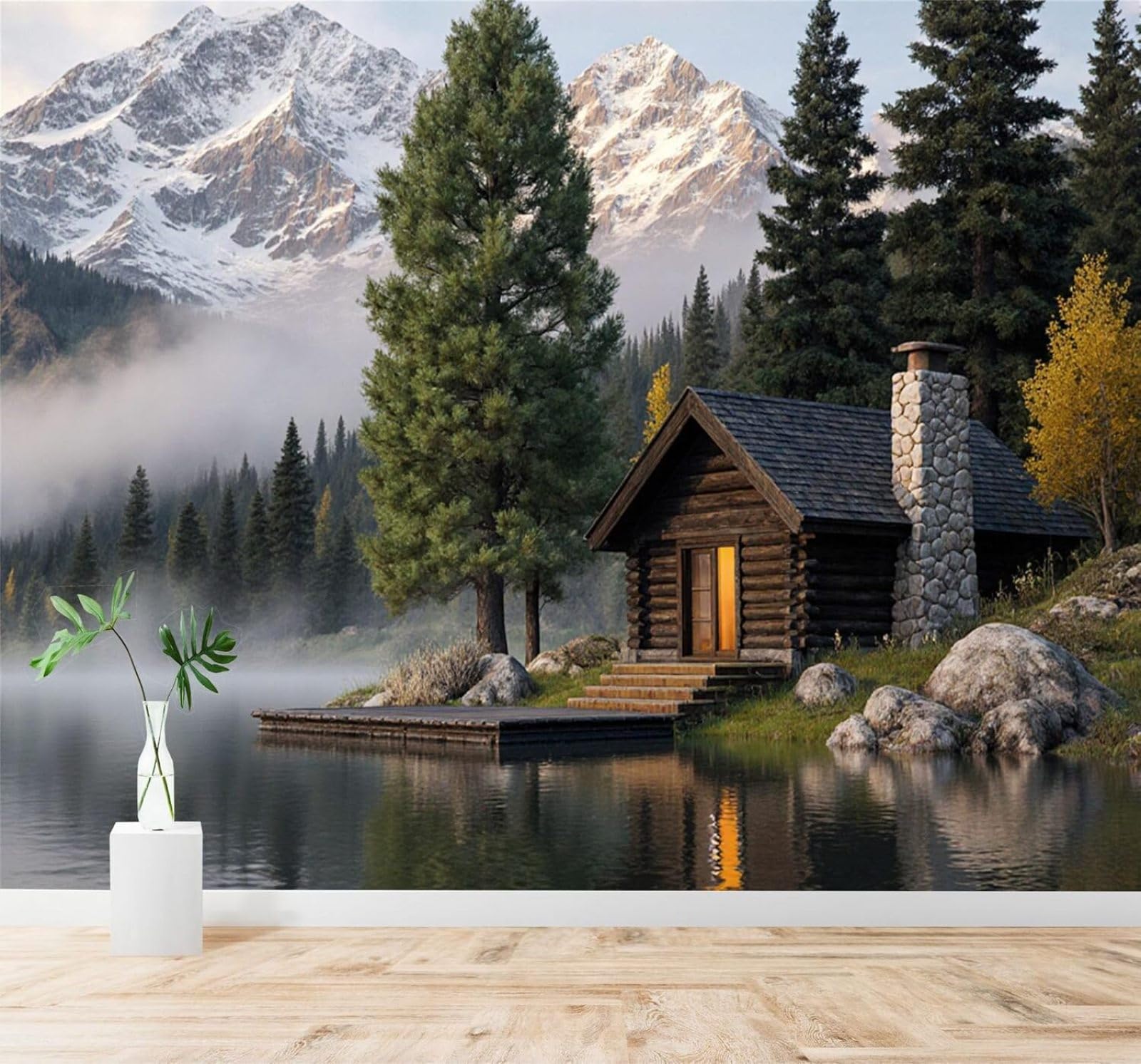 Xlming 350Cm×256Cm(B×H) Cosy Lakeside Cottage Pine Trees Snow Capped Mountains Natural Scenery 3D Wallpaper Silky Texture Home Study Office Grey Dining Room Sofa Bedroom Living Room Tv Backdrop-350Cm×256Cm