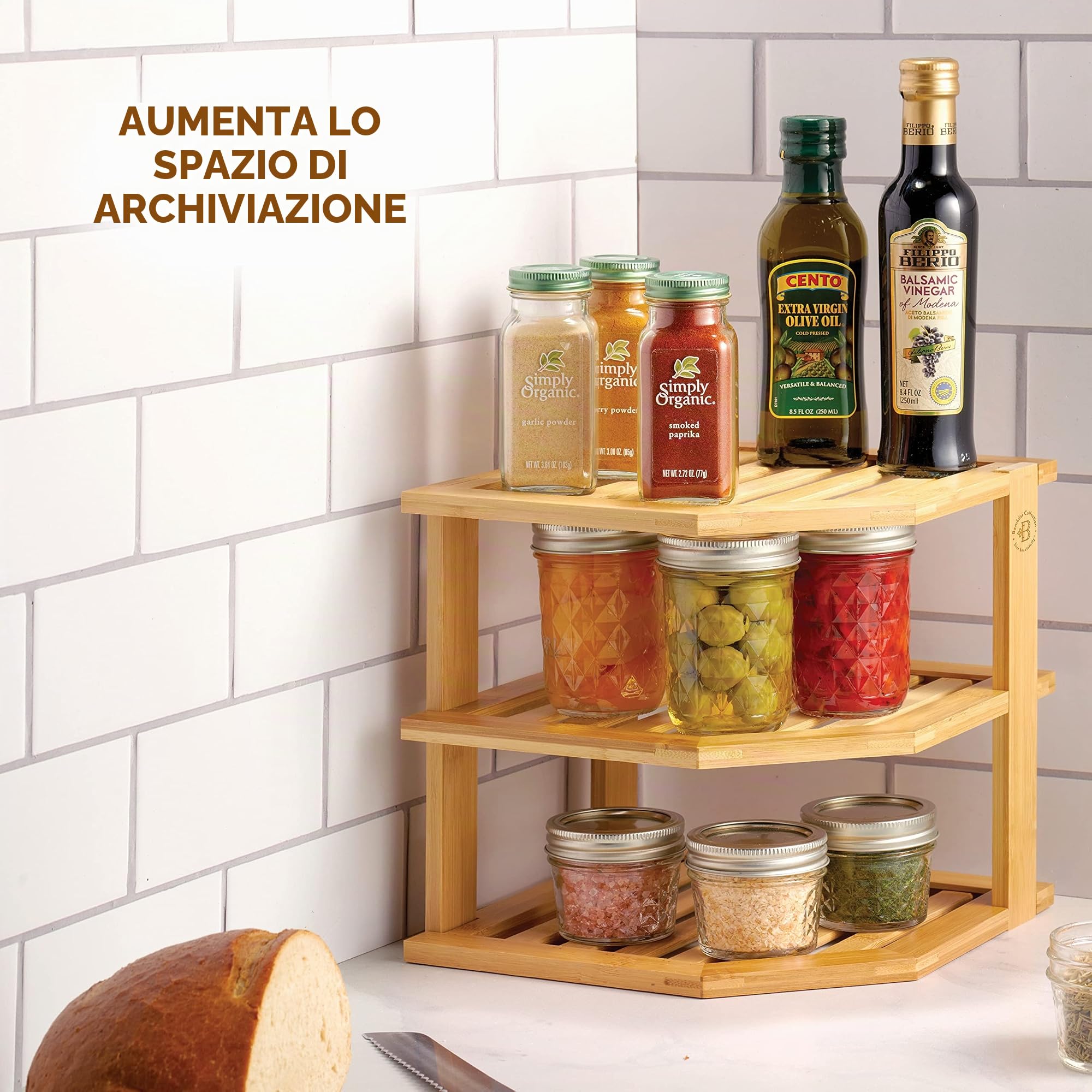 Bambüsi Scaffale angolare rustico in bambù a 3 ripiani, organizer per cucina e bagno, piano di lavoro e armadietti