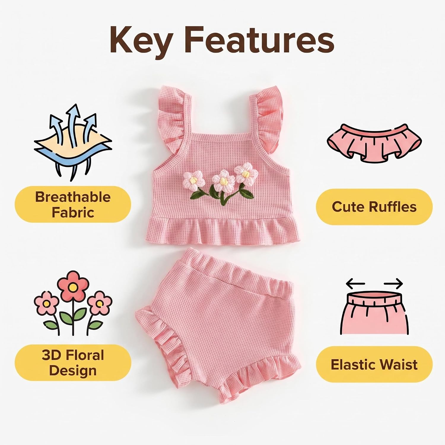 Baby Girl Clothes Infant Summer Toddler Outfits Ruffle Sleeveless Floral Embroidery Tank Top Shorts 2Pcs Waffle Sets