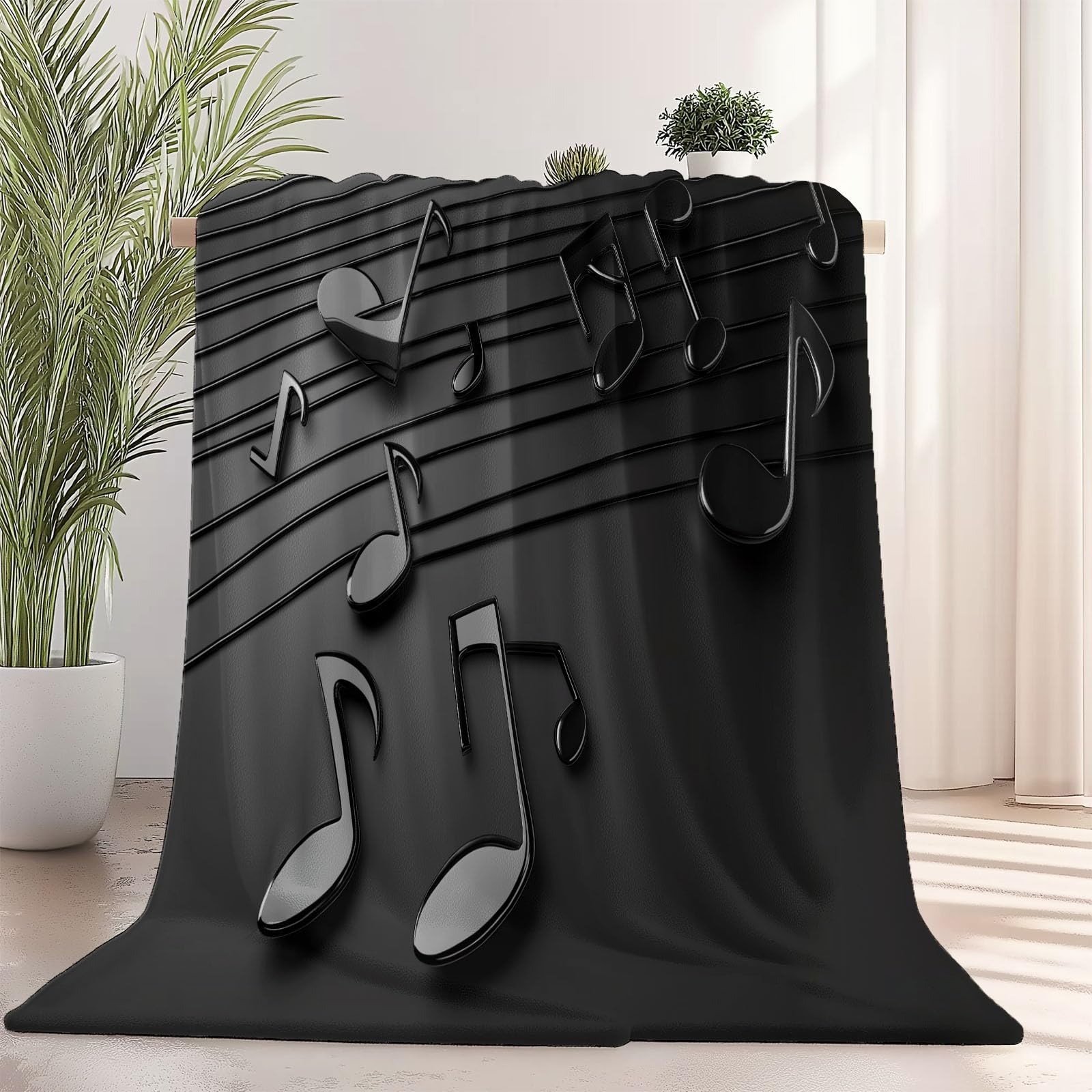 Manta de franela con diseño de música y notas musicales, rayas espectrales, símbolos, manta polar franela, suave y caliente, color negro, para niños, adultos, regalo para amigos, familia, sofá cama