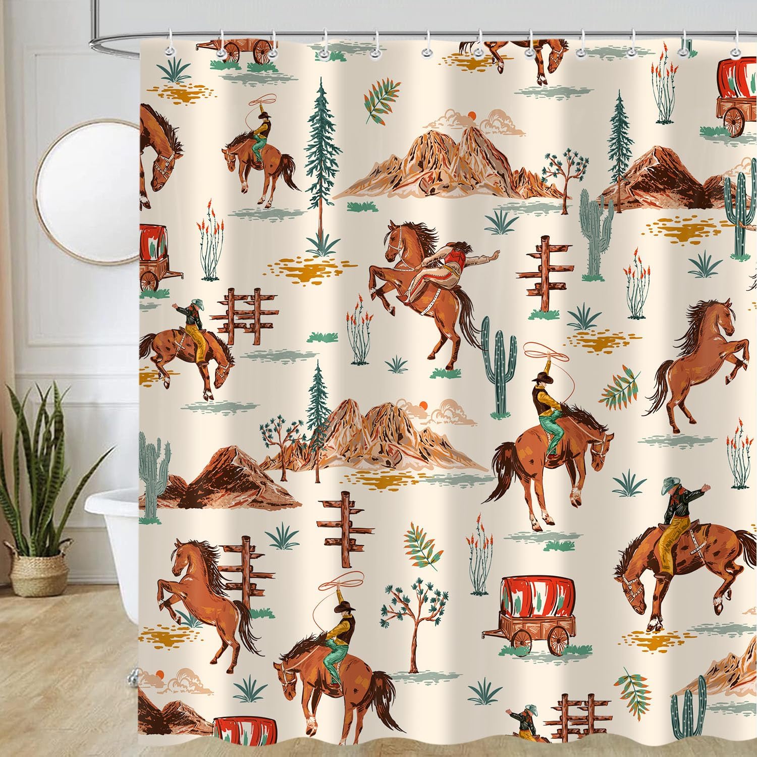 Western Cowboy Shower Curtain, West American Mountain Desert Cactus Farmhouse Horse Bathroom Curtains Decor Set, Fabric Waterproof Bath Curtain with 12 Hooks, 72x84 Inch