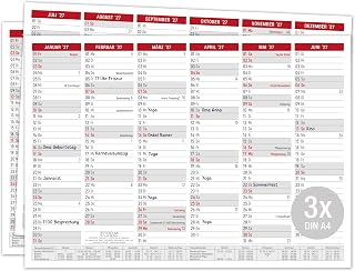 TOBJA® DIN A4 Tafelkalender 2027 Rot für Büro, Praxis & Werkstatt - Jahresplaner mit Ferien, Feiertagen & Kalenderwochen, 350g/m² Papier | Wandkalender Jahresplaner Querformat (3 Stück Papier)