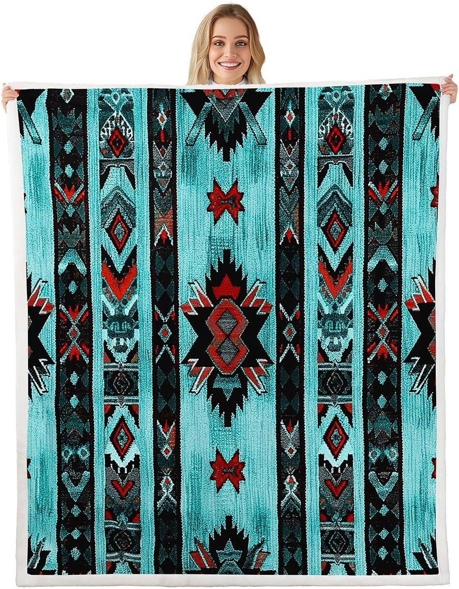 Feelyou Black Southwestern Sherpa Blanket 40"x50" Geometric Fleece Throw Blanket for Bed Sofa Couch Kids Boys Tribal Exotic Style Native American Indian Design Plush Blanket Stripe Line Fuzzy Blanket
