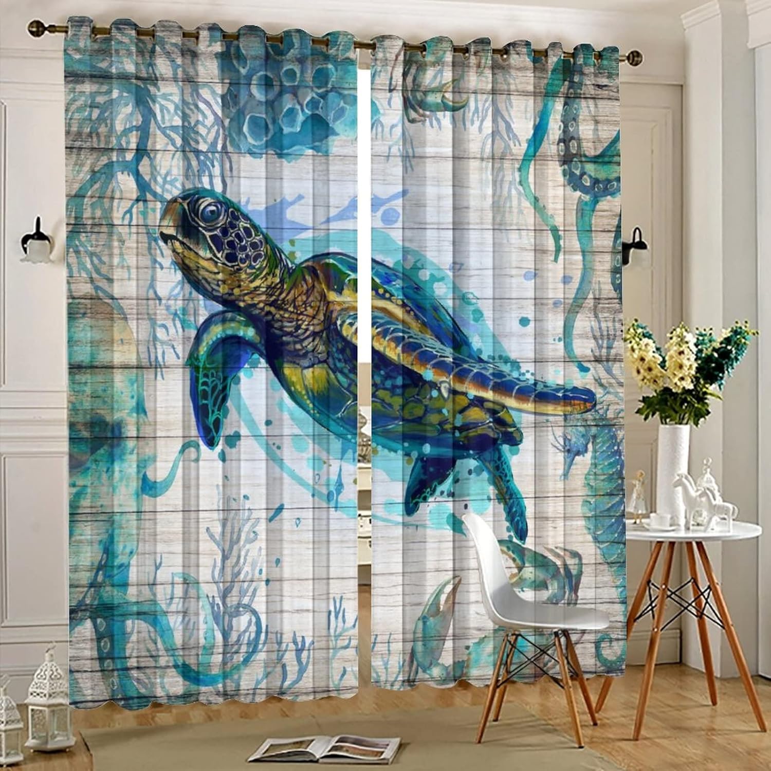 Watercolor Sea Turtle Blackout Curtains for Bedroom,Rustic Wooden Nautical Octopus Crab Ocean Decor Grommet Thermal Insulated Room Darkening Curtains Window Treatments 2 Panels 63L x 21W