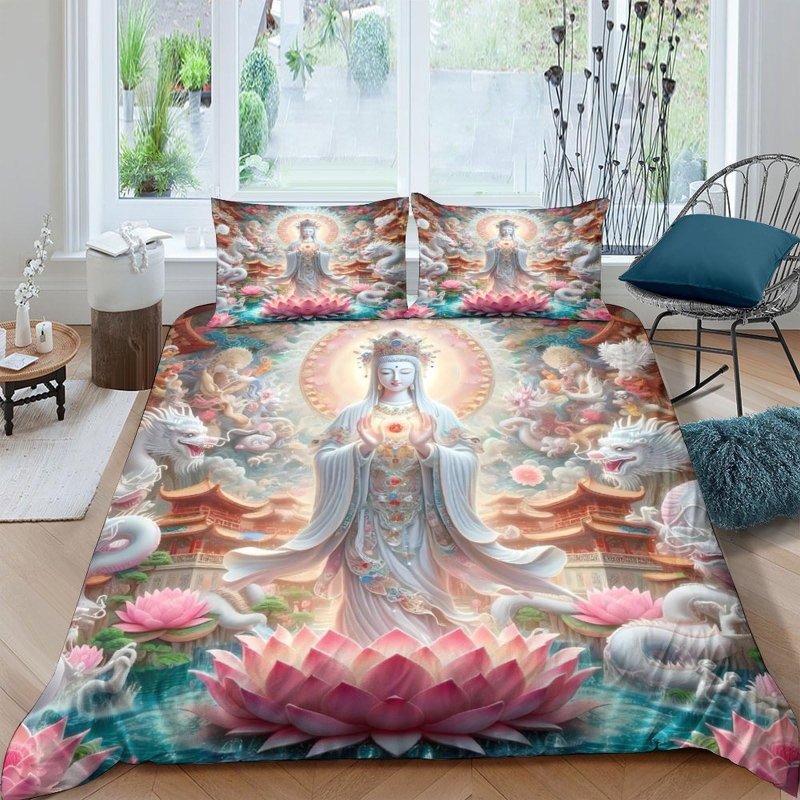 Ctjqhvkz Style-7 3D Printed Lotus Buddha Fitted Sheet Microfiber Soft Artistic Mandala Bed Cover Anti-Slip Protects Mattress Decor Single（135X200cm）