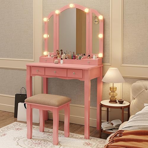 Miniatura 3 de Tocador con luces para niñas, juego de escritorio con cajones, tocador de maquillaje con espejo y luces, tocador de maquillaje rosa para niñas, mesa