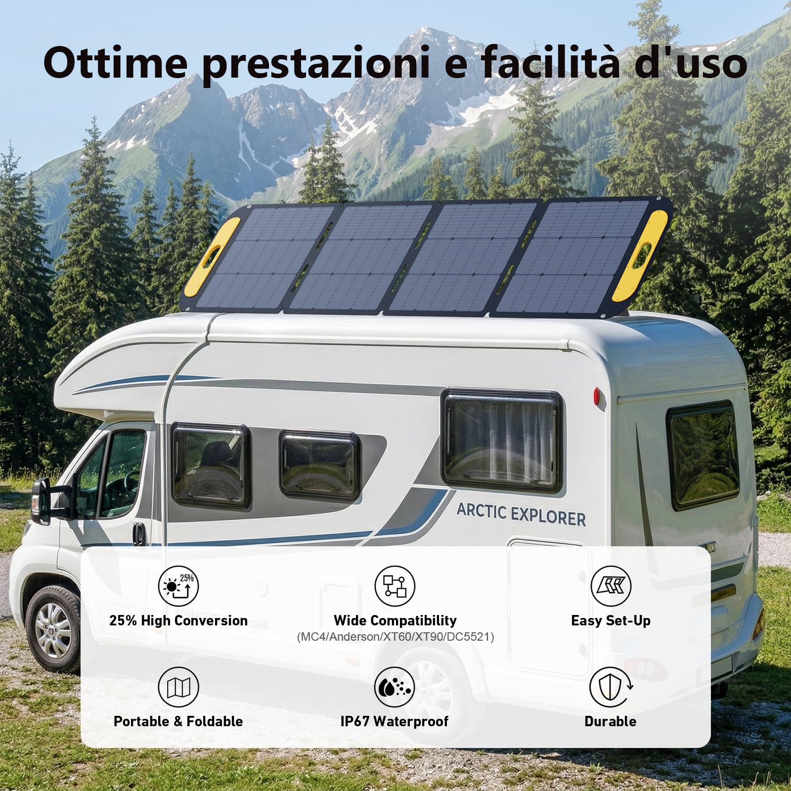 VTOMAN 200W Pannello Solare Pieghevole e leggero con efficienza del 25%, | Caricabatterie ETFE, Grado di impermeabilità IP67 e adattatori Anderson XT60/XT90/DC5521 per camper e attività all'aperto