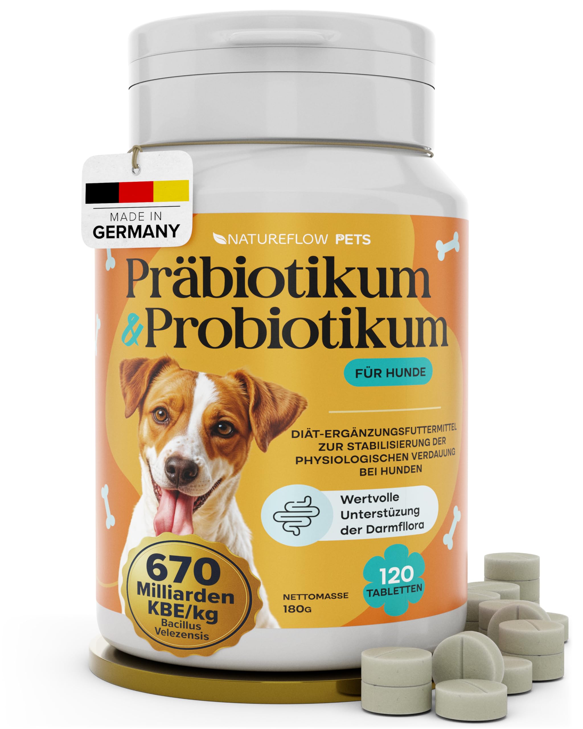 Natureflow Pets - Probiotika Hund - Darmkur bei Durchfall, Blähungen & Sodbrennen - Darmflora aufbauen & Magen-Darm stärken Präbiotika für Hunde - Magenschutz & Darmwohl mit Präbiotikum