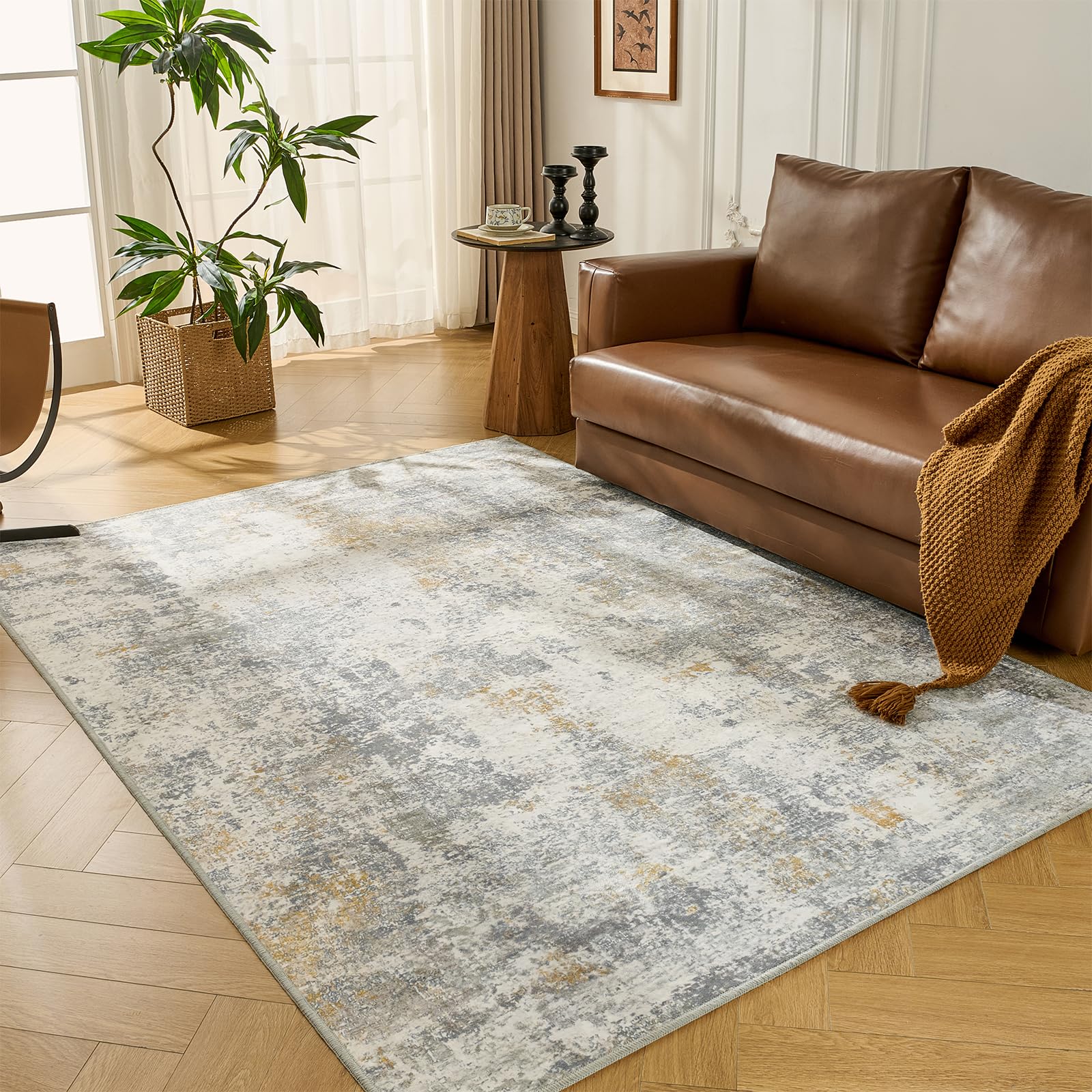 Evitany Cream Grey Large Low Pile Rug, Washable Rugs for Living Room, Non Slip Area Abstract Rugs, Square Bedside Rug, Soft Thin Carpet, Floor Mat for Bedroom, Kitchen, Office, 150x210cm