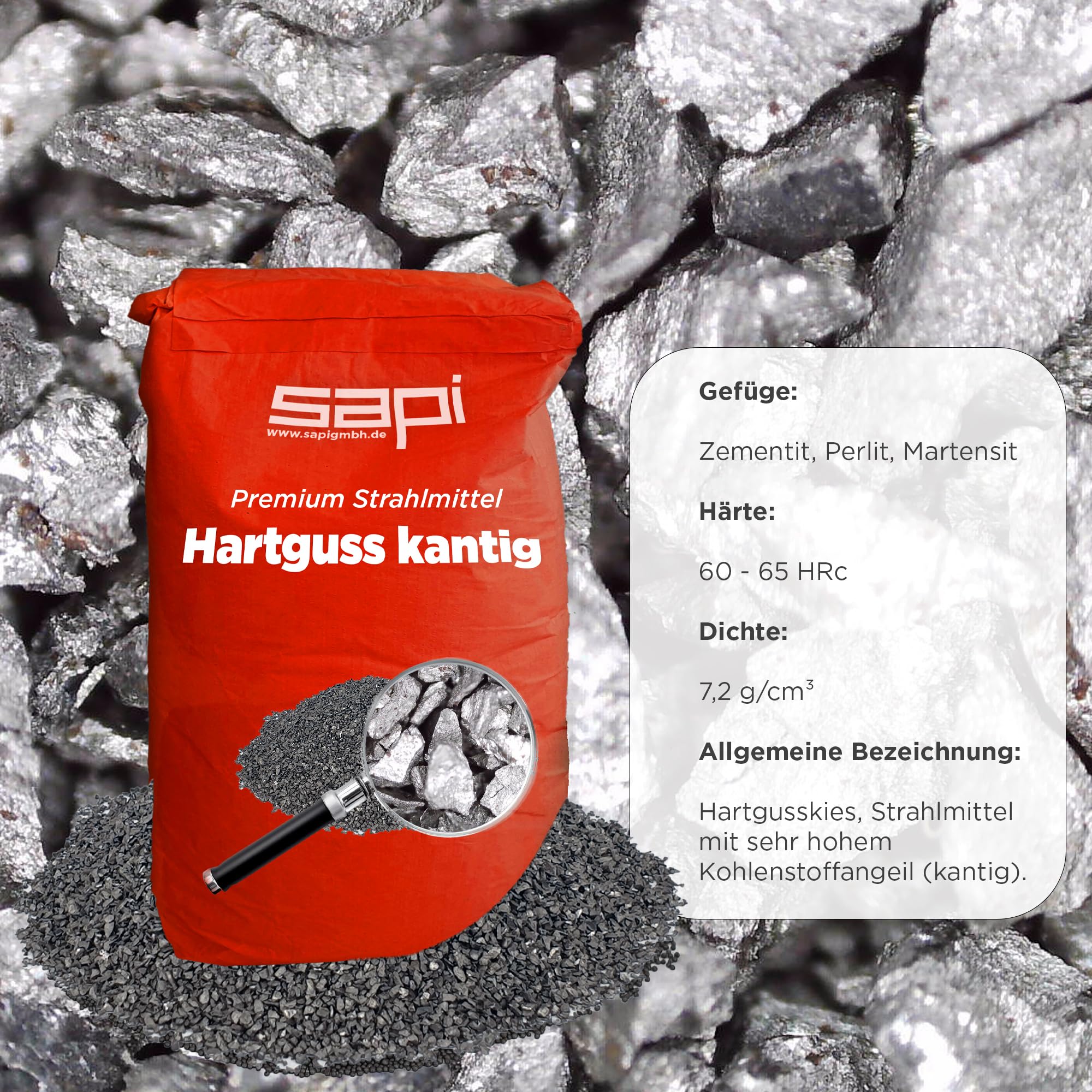 25 kg, SAPI Hartguss kantig Strahlmittel, G34 (0,8-1,2 mm), Körnung, Papiersack, Premium Strahlmittel zur Oberflächenbehandlung