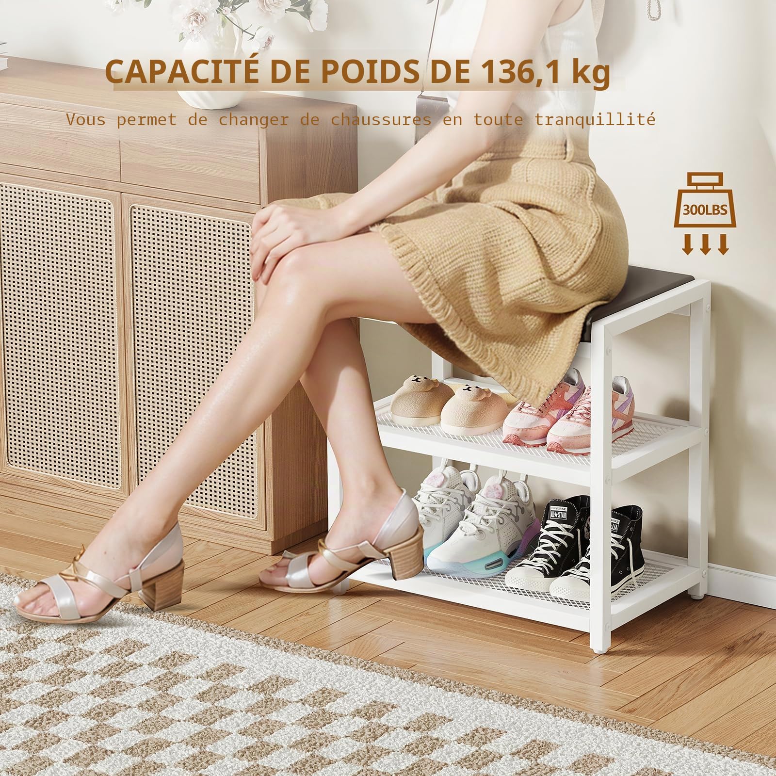 Banc à Chaussures Rembourré, Banc de Rangement, Blanc 45 x 30 x 43 cm