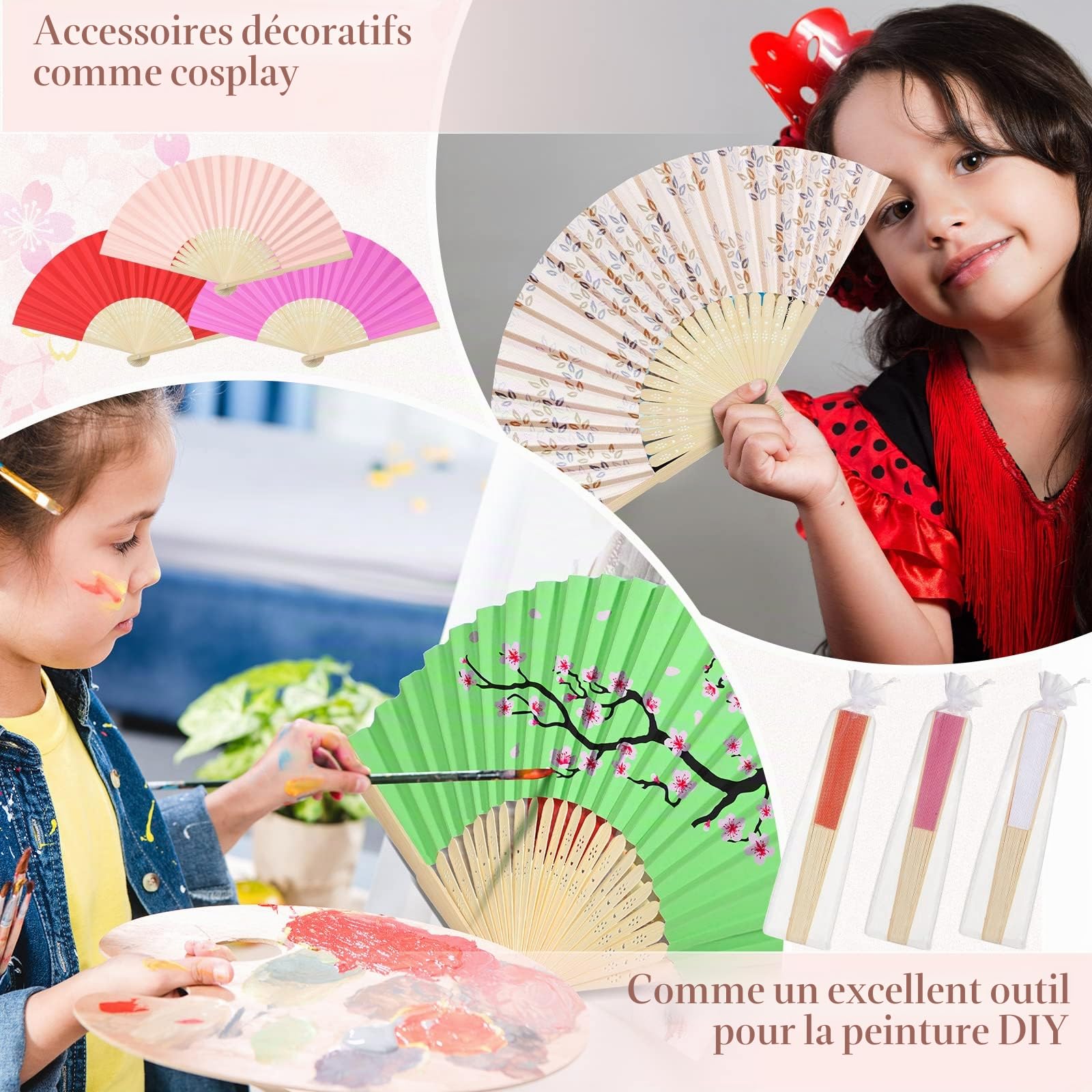 Chunful Lot de 100 éventails pliants en bambou multicolores
