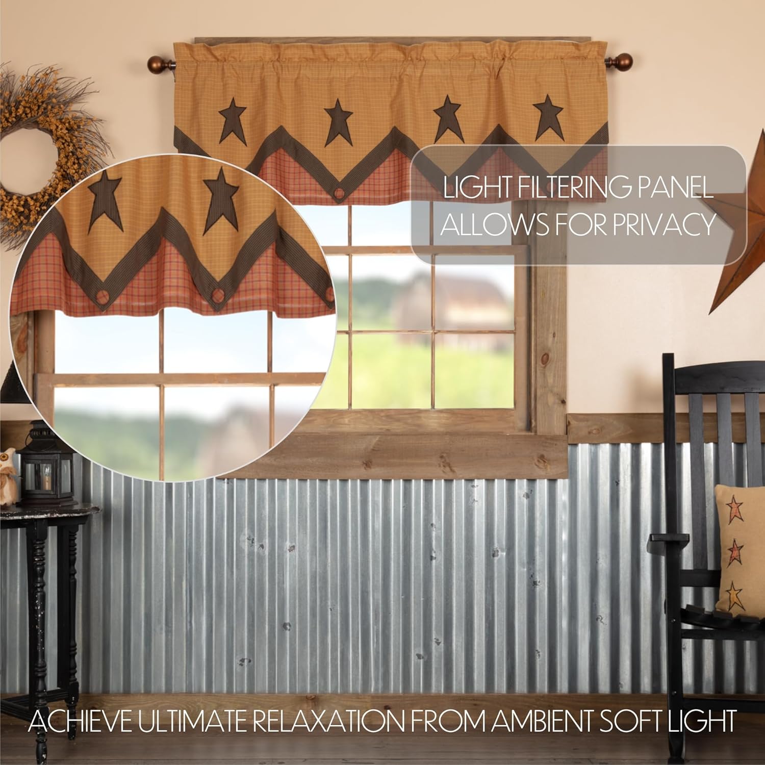 VHC Brands Stratton Primitive Star Layered Valance 20x60 Country Curtain, Tan
