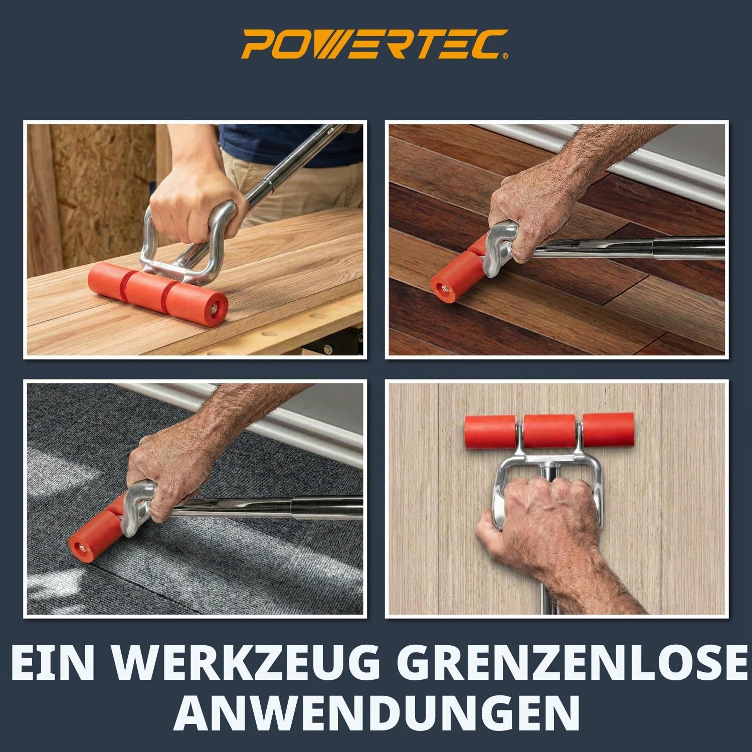 POWERTEC 71033 Ausziehbare Boden- und Wandrolle für Vinylböden, Fliesen und Linoleum, Walze mit ausziehbarem Griff von 43 cm bis 67 cm, 19 cm breit, für LVP, Furnier, Teppich, Wandverkleidungen, 1