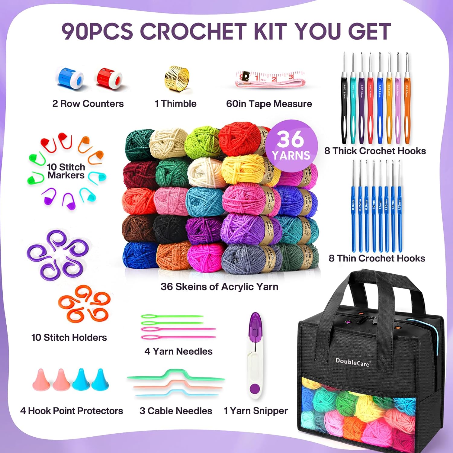90Pcs Crochet Kit for Beginners, 1575 Yards 36 Colors Yarn for Crochet, 54Pcs Crochets Accessories Set including Ergonomic Hooks for DIY Amigurumi, Scarves, Granny Squares, Gift for Christmas, Black