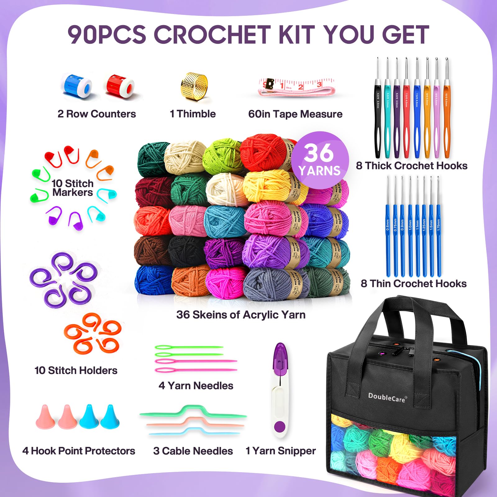 90 Stück Häkelset für Anfänger, 1575 Yards Garn in 36 Farben, 54-Teiliges Häkelzubehör-Set Inklusive Ergonomischer Häkelnadeln für DIY-Amigurumi, Schals,Geschenkidee zu Weihnachten(Schwarz)