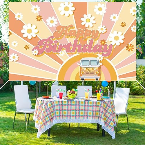 Miniatura 3 de Pancarta de cumpleaños hippie retro Groovy Boho Daisy Bus Daisy Flower Boho Party Fotografía telón de fondo Groovy Hippie Theme Happy Birthday Party