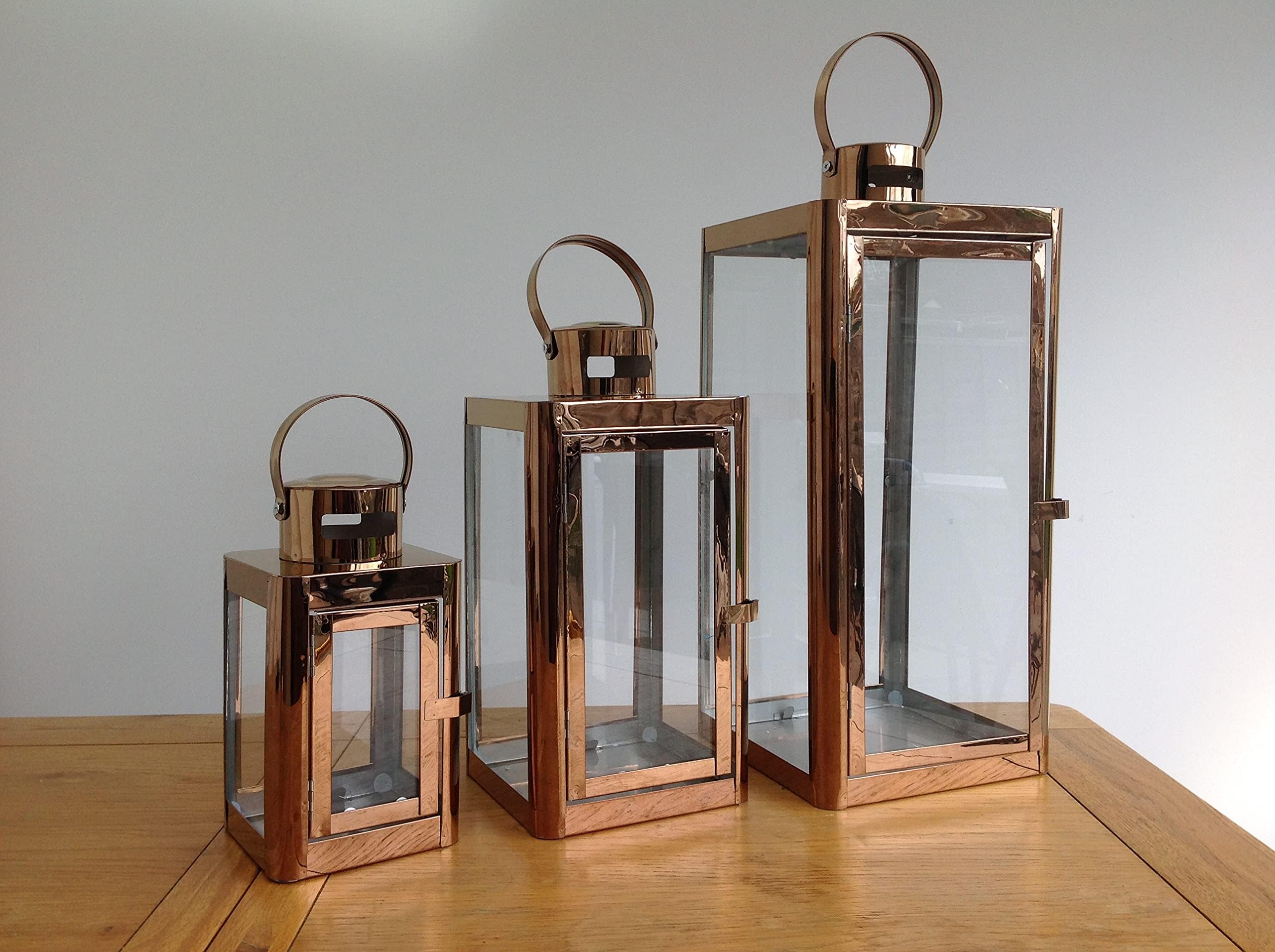 Copper coloured Set of 3 Lanterns Metal & Glass triangular shaped perfect display for weddings, restaurants or bars - no candles provided