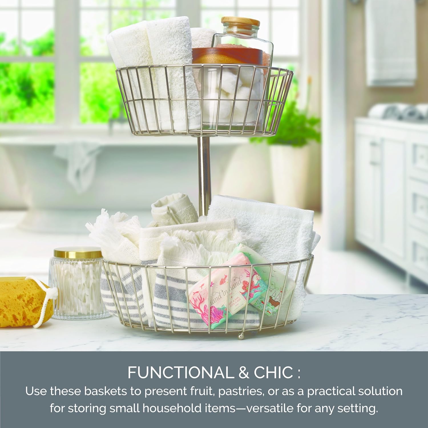 Gourmet Basics by Mikasa Geneva 2-Tier Countertop Fruit Basket Nickel-Finish Metal Storage Stand for Kitchen Countertop Organization, Produce Display