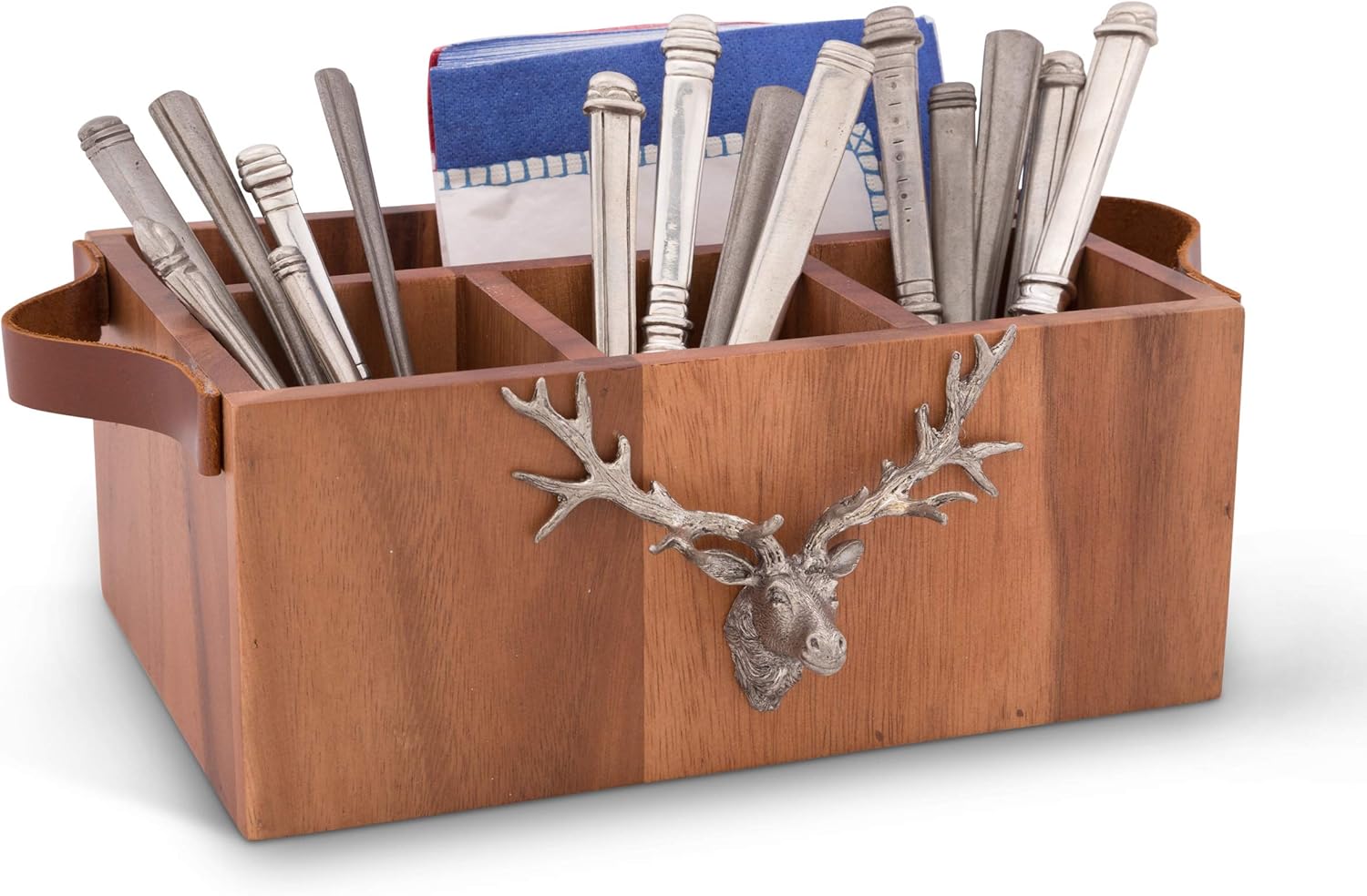 Vagabond House Caddy Rectangle Acacia Wood Flatware/Serve ware/Utensil/Carry-All Holder with Solid Pewter Rustic Elk Accent Real Leather Handles, 3 Small and 1 Larger Compartment 13 inch Long
