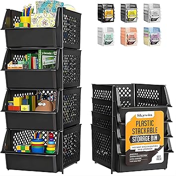 TidyFriend 4 Pack Stackable Storage Bins Open Front for Pantry Organizers and Storage, Pantry Storage for Food, Kitchen and Home Organization, Plastic Storage Bins, Dorm Room Essentials (Black)