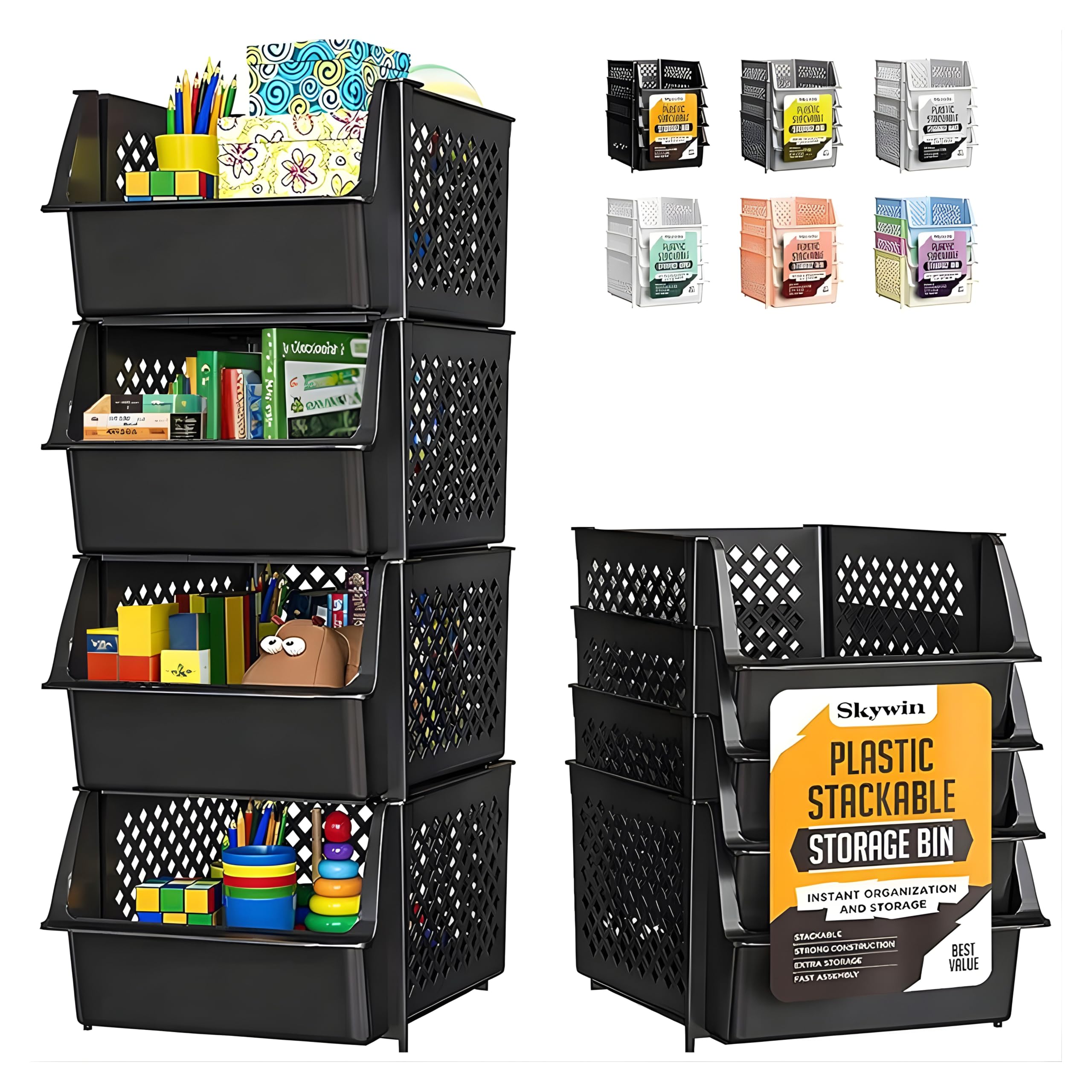 TidyFriend 4 Pack Stackable Storage Bins Open Front for Pantry Organizers and Storage, Pantry Storage for Food, Kitchen and Home Organization, Plastic Storage Bins, Dorm Room Essentials (Black)