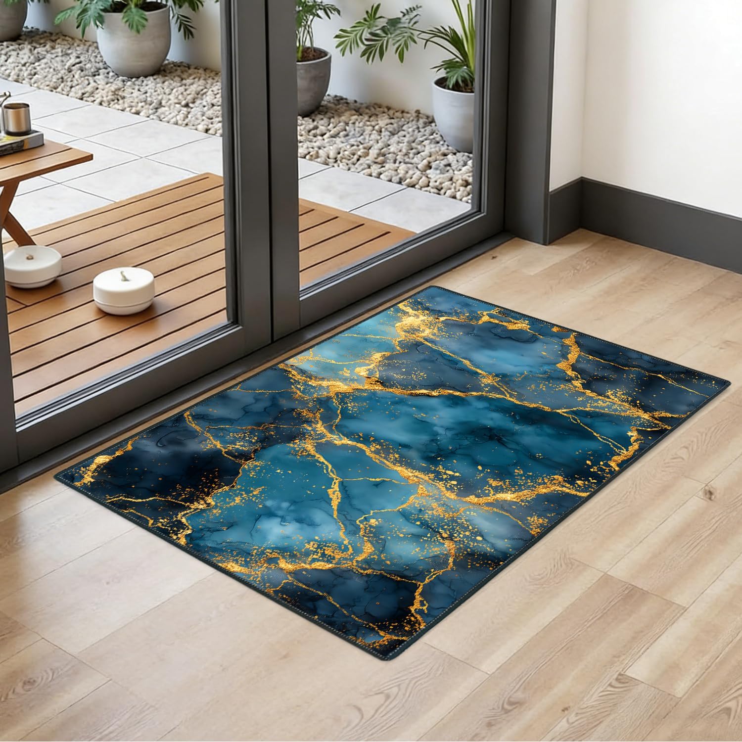 2x3FT Area Rug Blue Gold Marble Indoor Entryway Rug, Washable Non Slip Front Door Rugs for Foyer Hallway Apartment