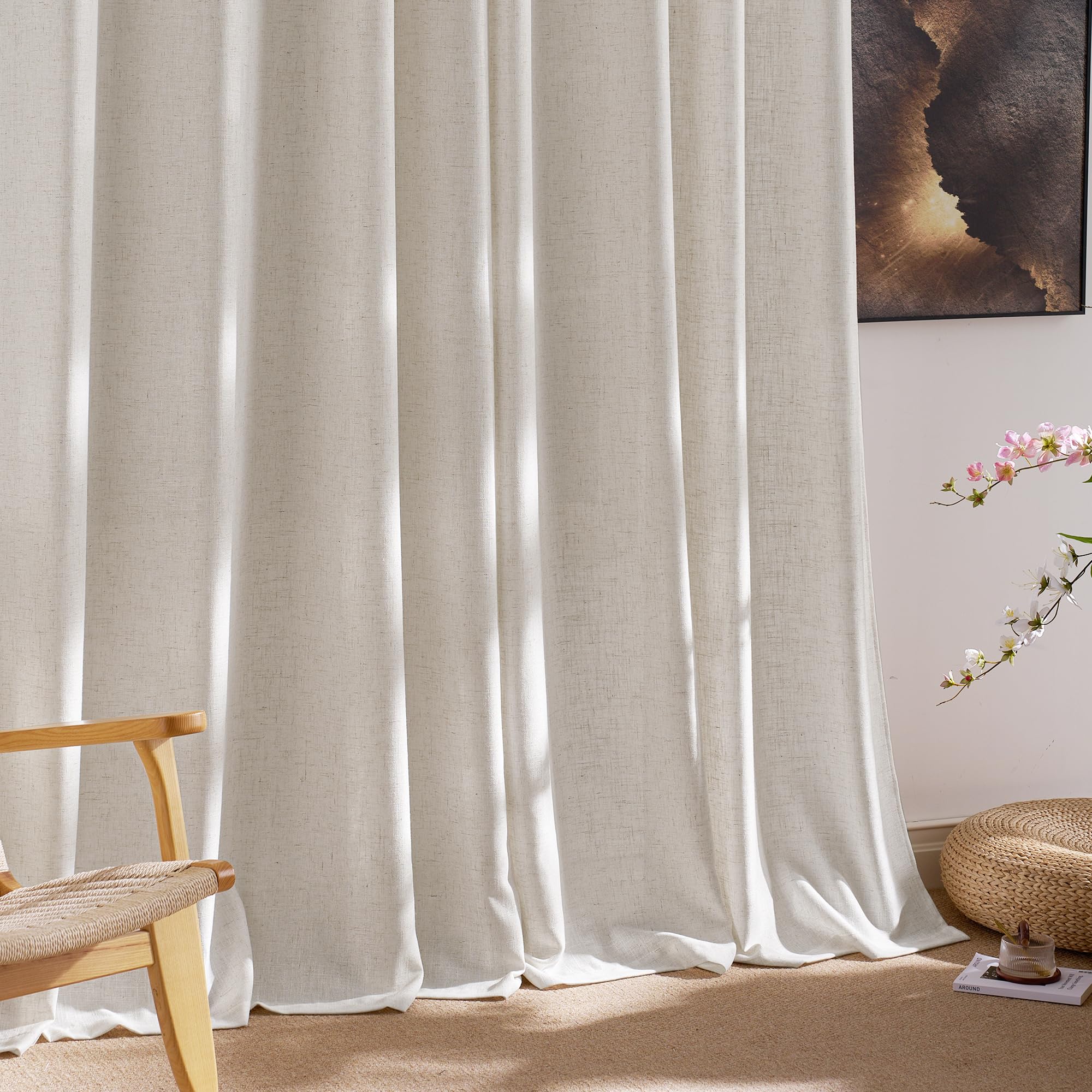 PONY DANCE Tende Soggiorno in Lino 220g/m² Filtro Luce per Interni 2 Pezzi L 140 x A 225 CM Tenda Semitrasparenti Camera da Letto con Anelli Linen Curtains Cameretta Bambini, Bianco Lino Naturale